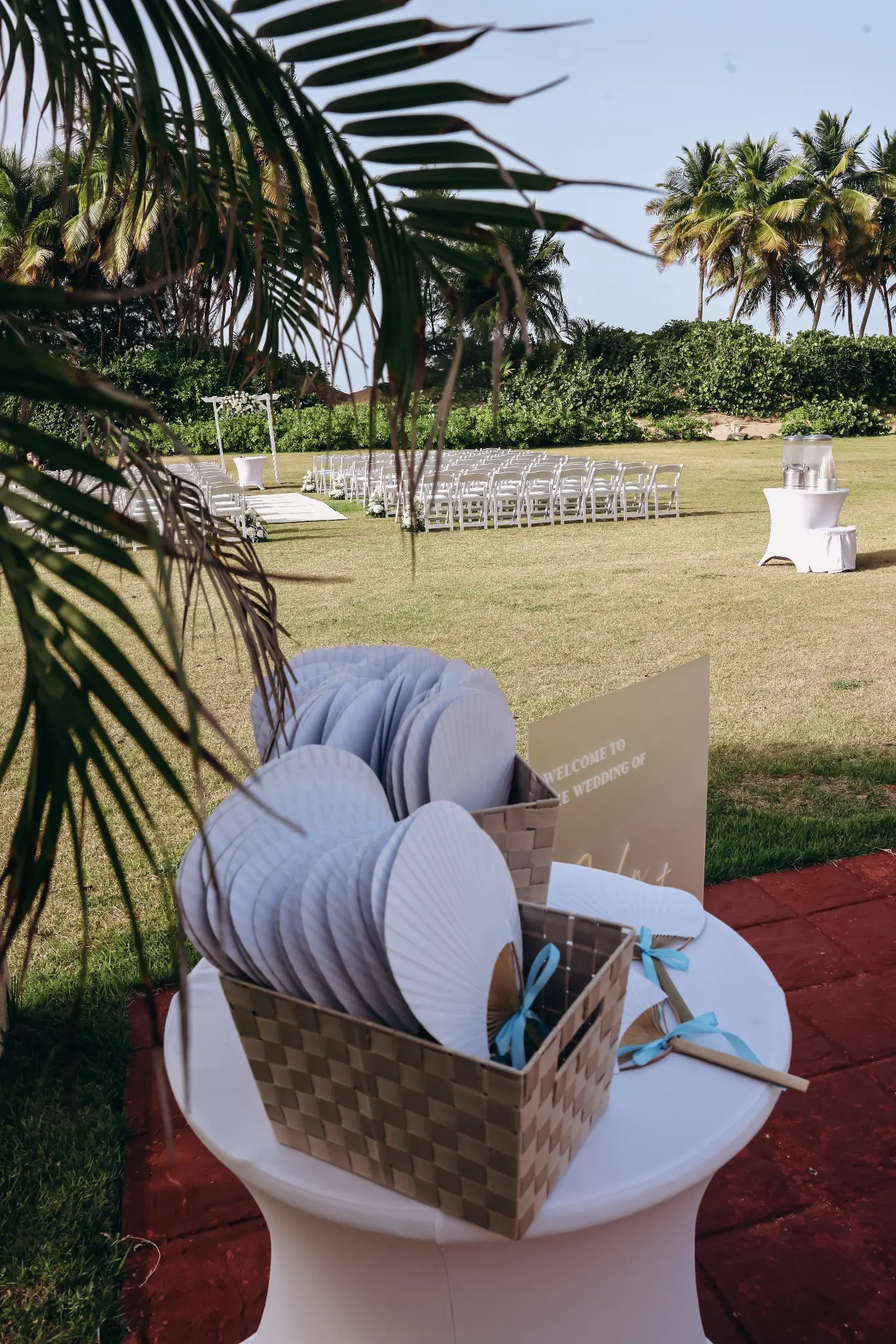 Ceremony fans and programs waiting beside an outdoor lawn aisle with white chairs and palms