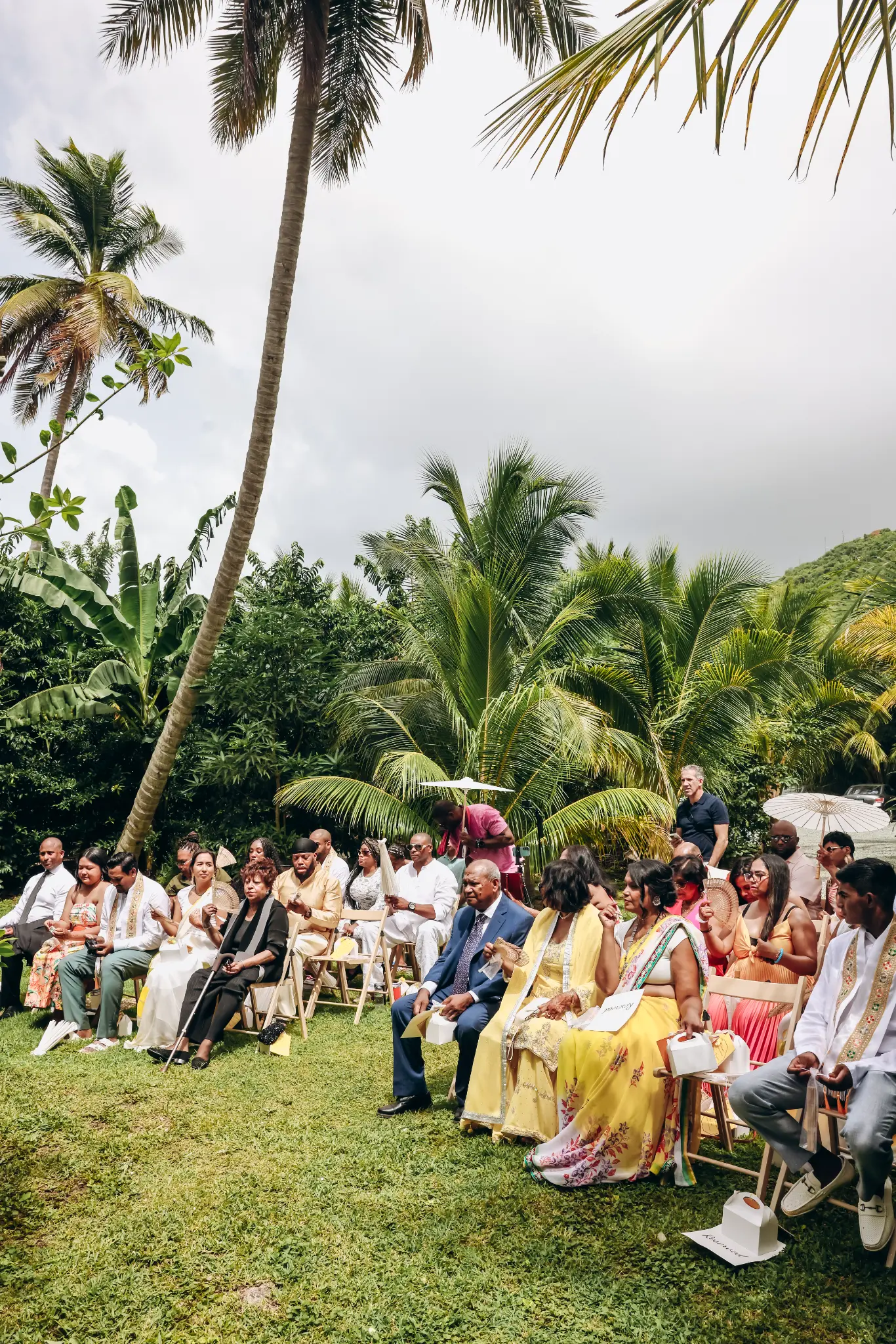Guests seated beneath tropical palms at an outdoor wedding ceremony
