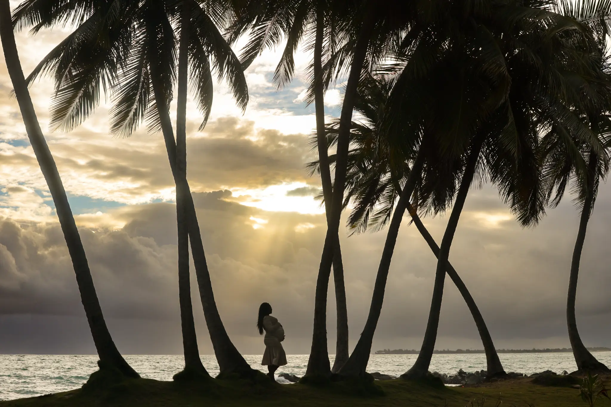 Family walking beneath palms beside the water during a Puerto Rico family session, photographed by Olga Thomas