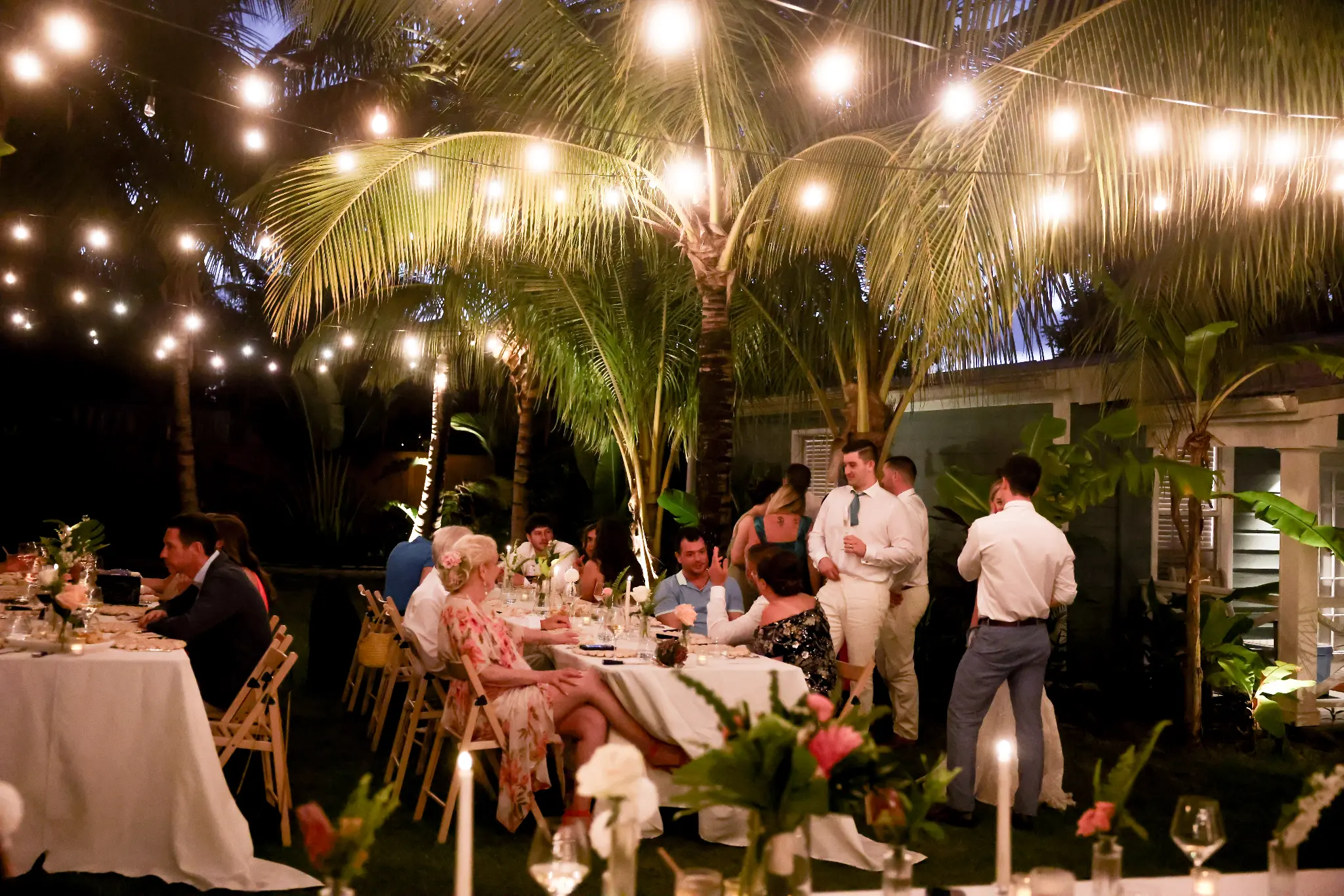 Wedding guests seated at dinner beneath string lights and palm trees
